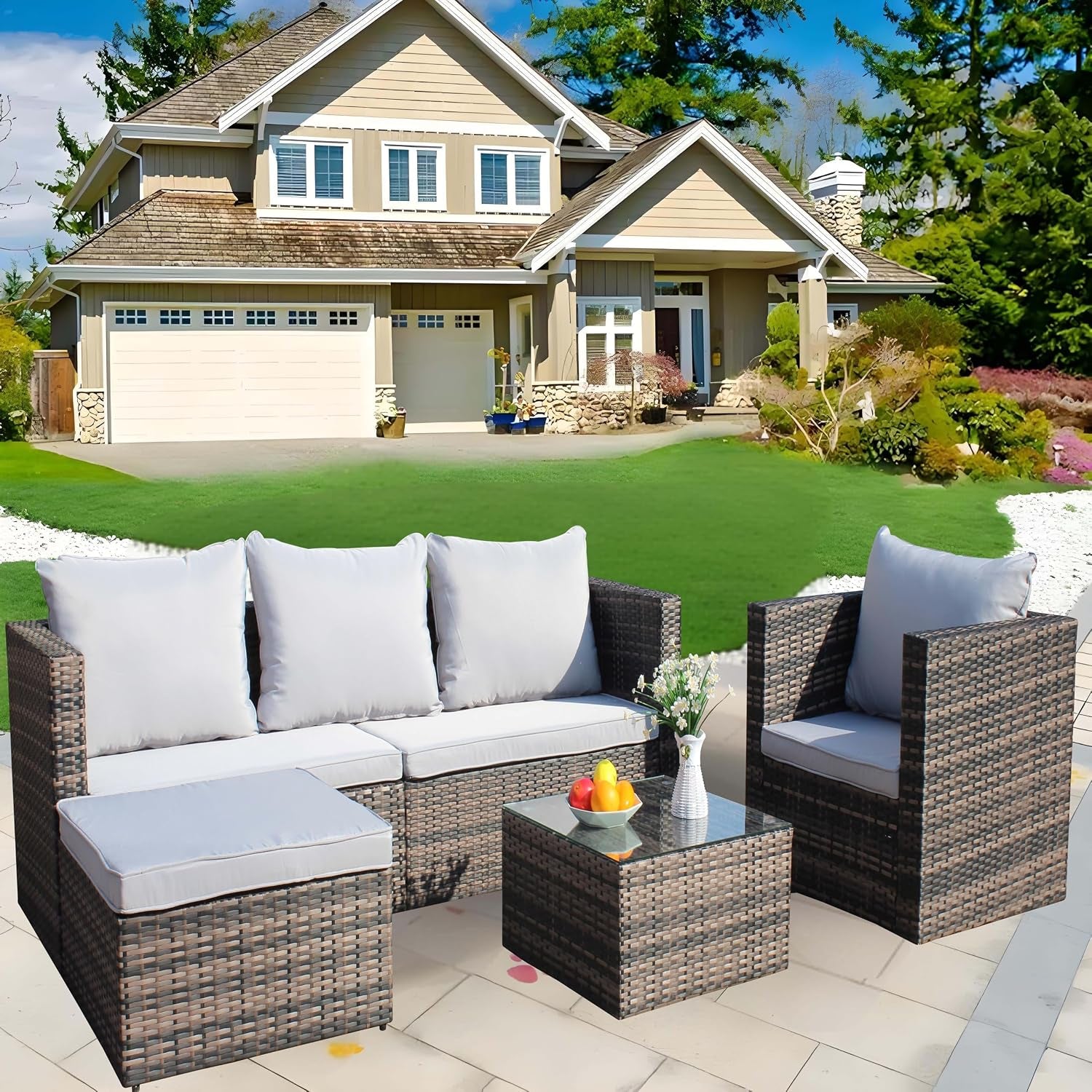4 Piece Patio Furniture Set, Outdoor Patio Sofa with Thick Cushions, 4 Seat Outdoor Patio Sofa, 1 Single Chair, 1 Ottoman, 1 Table, Backyard Seat for Garden, Brown+Gray