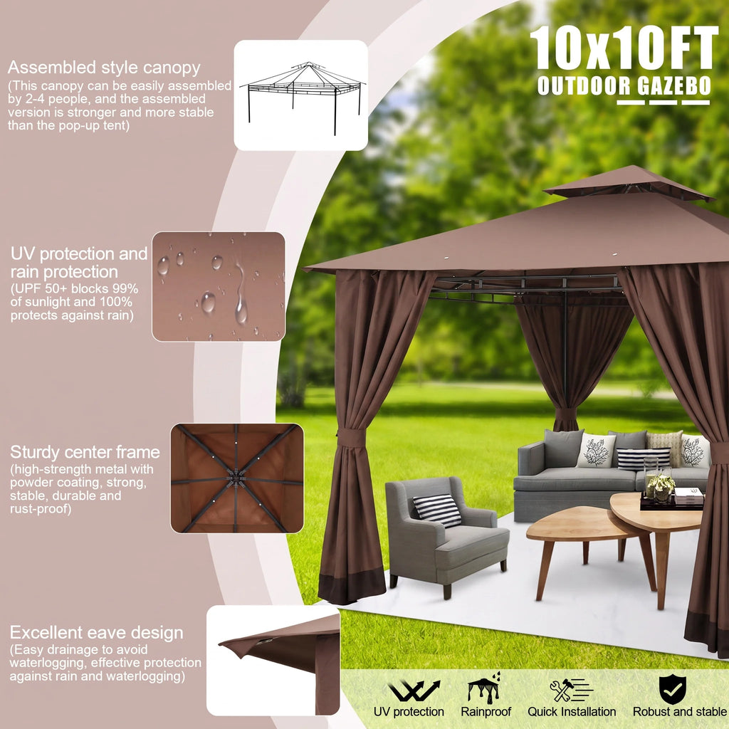 10'X10' Gazebo Canopy Tent, Assembled Style Wrought Iron Gazebo Tent with 4 Detachable Sidewalls, Rainproof & Sunproof Gazebo Canopy for Tailgate, Yard, Beach