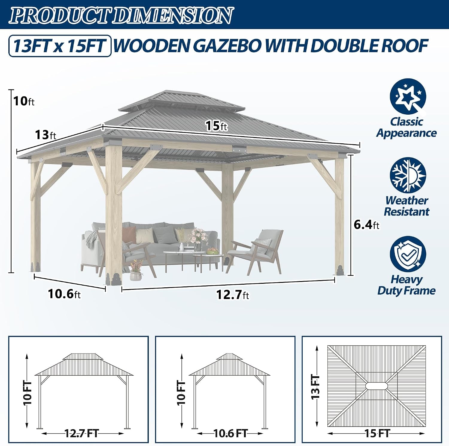 13FT X 15FT Outdoor Wooden Gazebo, Beige