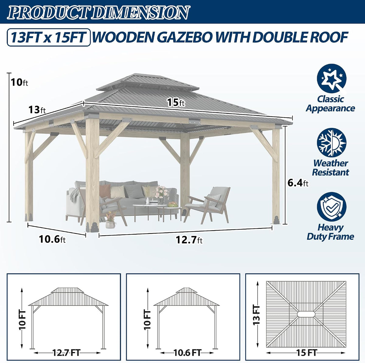 13FT X 15FT Outdoor Wooden Gazebo, Beige