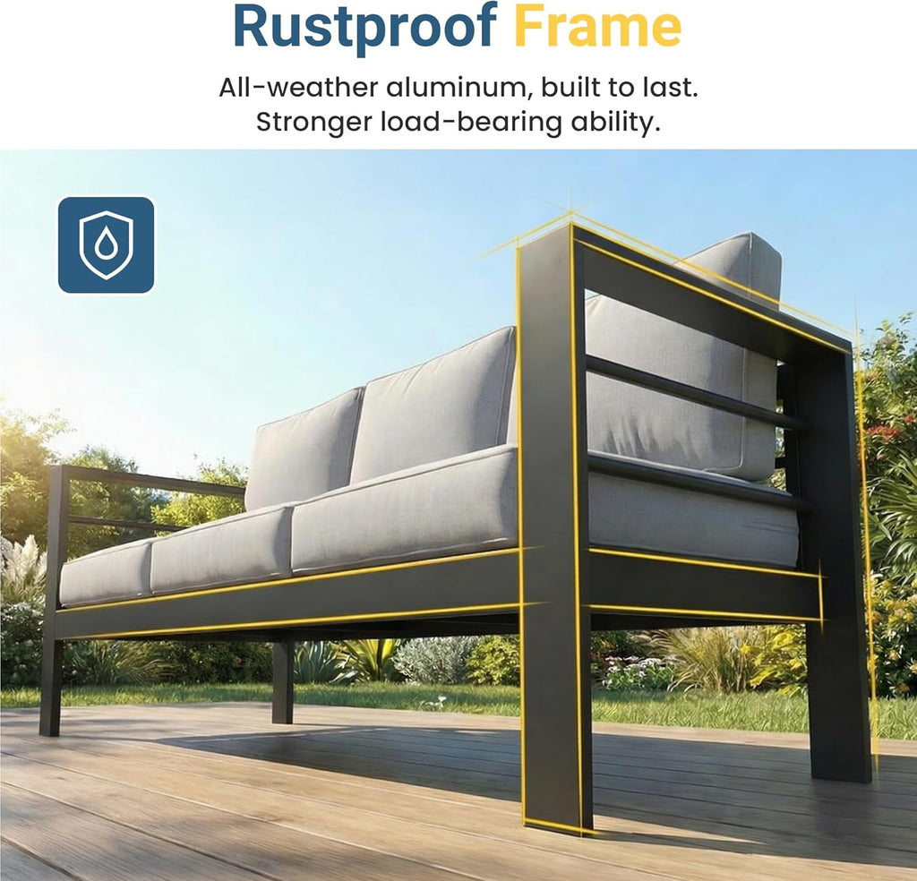 5 Pieces Aluminum Patio Furniture Set with Umbrella, All Weather Oversized Outdoor Furniture Set with Deep Seat and Back Cushion, Patio Conversation Sets Wide Armrest, Light Gray & Gray