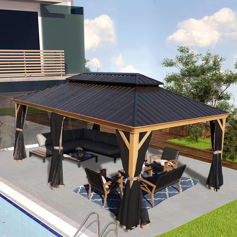 Apollo 12 Ft. X 20 Ft. W Wood like Aluminum Hardtop Gazebo with Galvanized Steel Roof and Mosquito Net