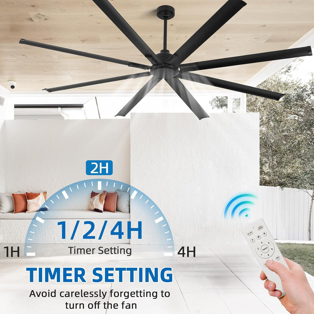 84 Inch Large Industrial Ceiling Fan No Lights, Reversible Dc Motor, 3 Downrods, 6 Speed Remote Control, 8 Aluminum Blades, Black Outdoor Fans for Shop/Gym/Warehouse/Garage
