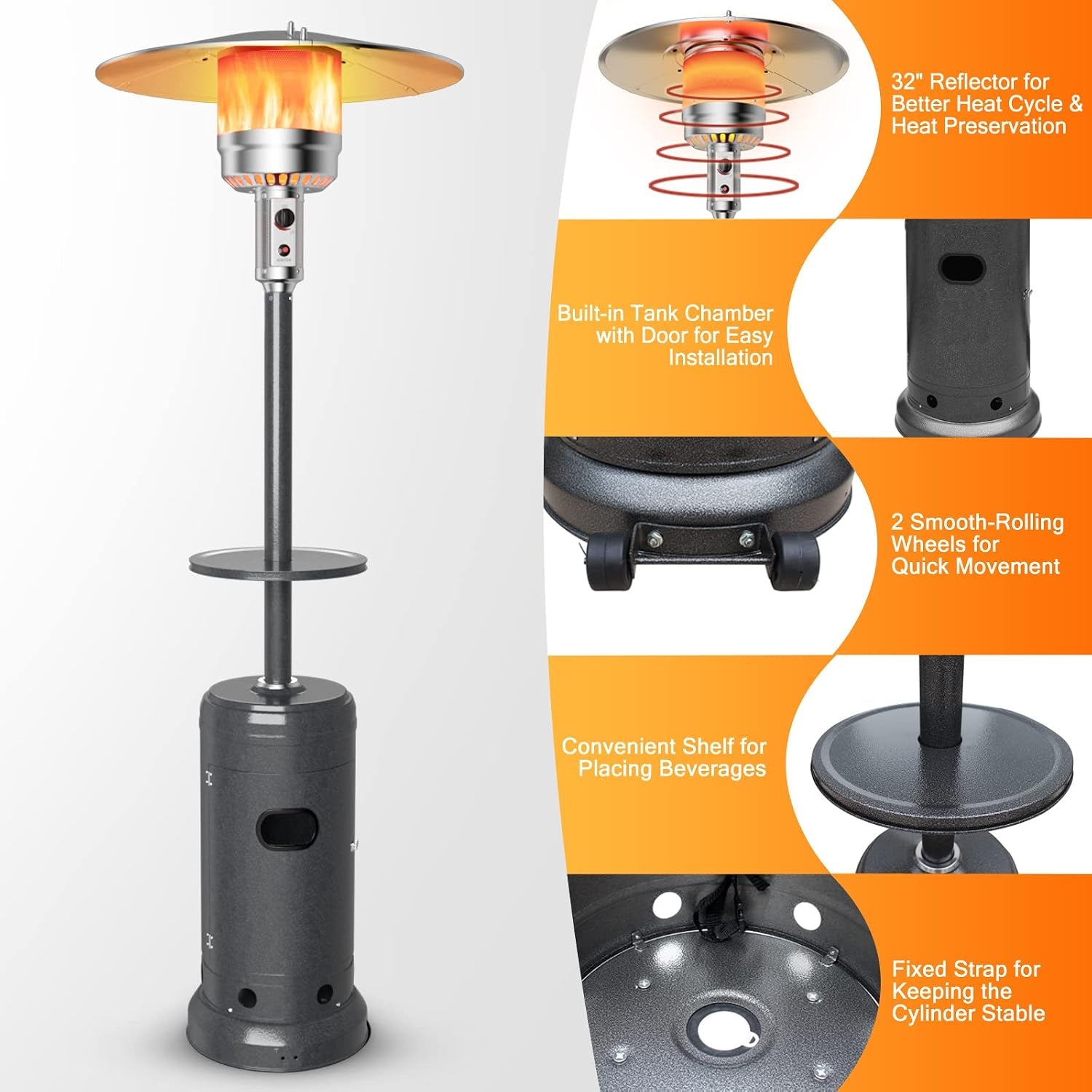 Outdoor Propane Heater, 50000 BTU Standing Gas Heater W/Shelf Tabletop & Wheels, Tip-Over Protection & Auto Shut Off, CSA Certified, Portable Patio Heaters for Home & Commercial Use (Grey)