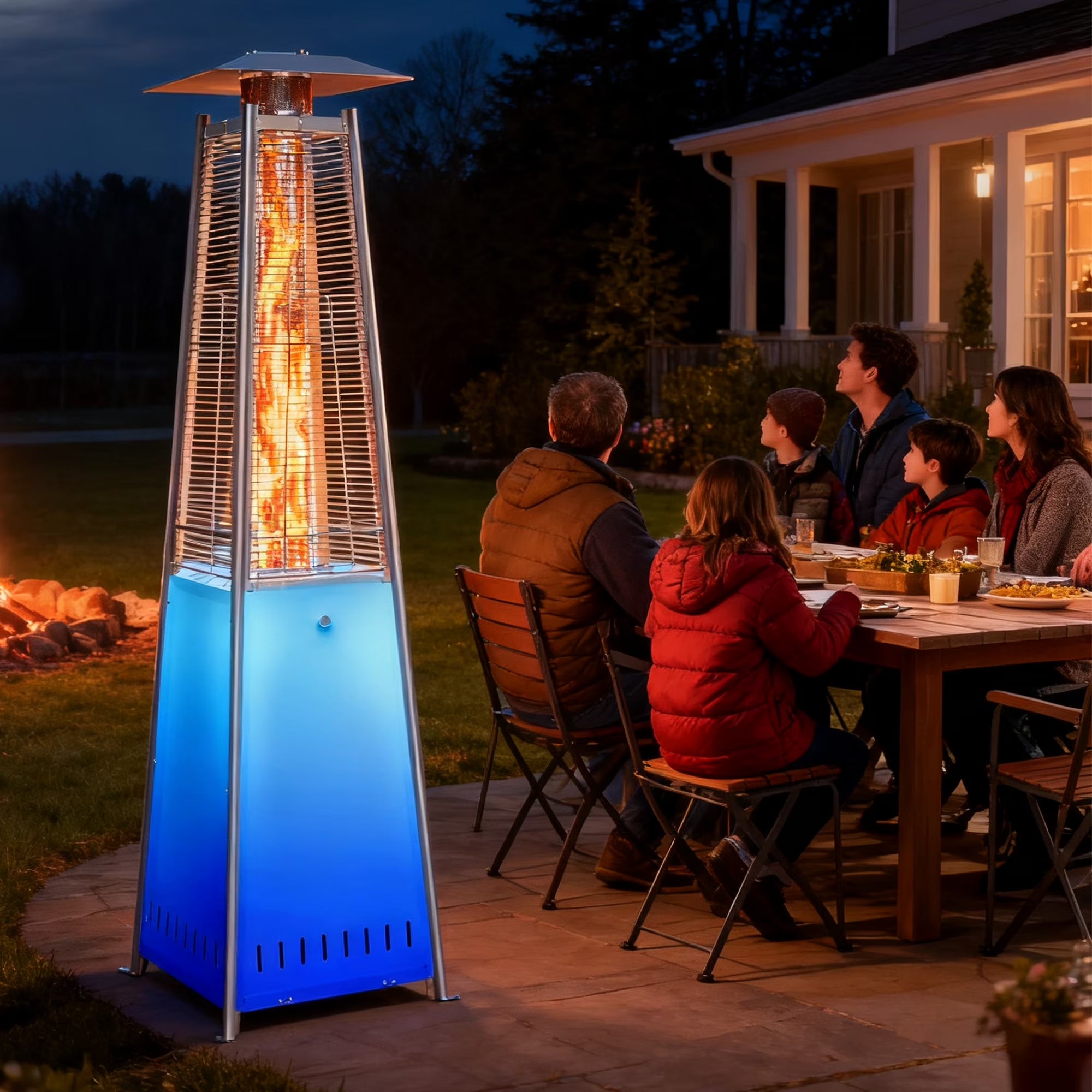 Pyramid Patio Heater, 42000 BTU Outdoor Patio Heater, 7.5 Feet LED Standing Heater with Cover and Wheels, Silver