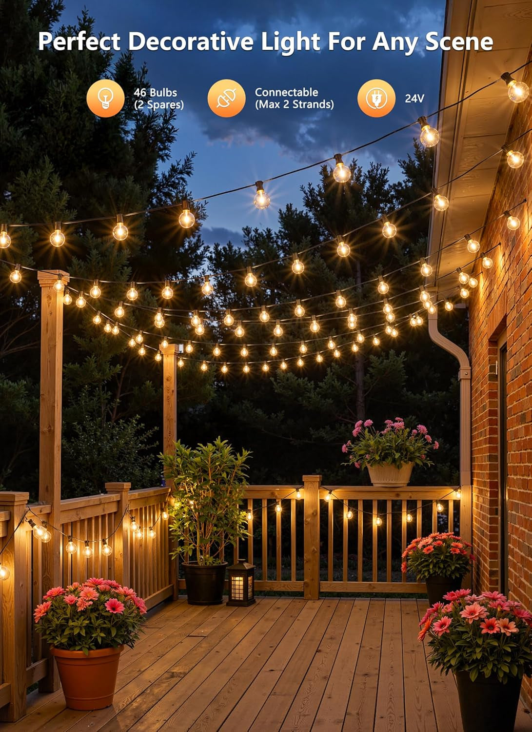 Outdoor String Lights, 100FT Shatterproof LED Patio Lights with 46 Dimmable Plastic G40 Bulbs, 2700K Waterproof Connectable Hanging String for Backyard, Cafe, Porch, Deck, Home Decor