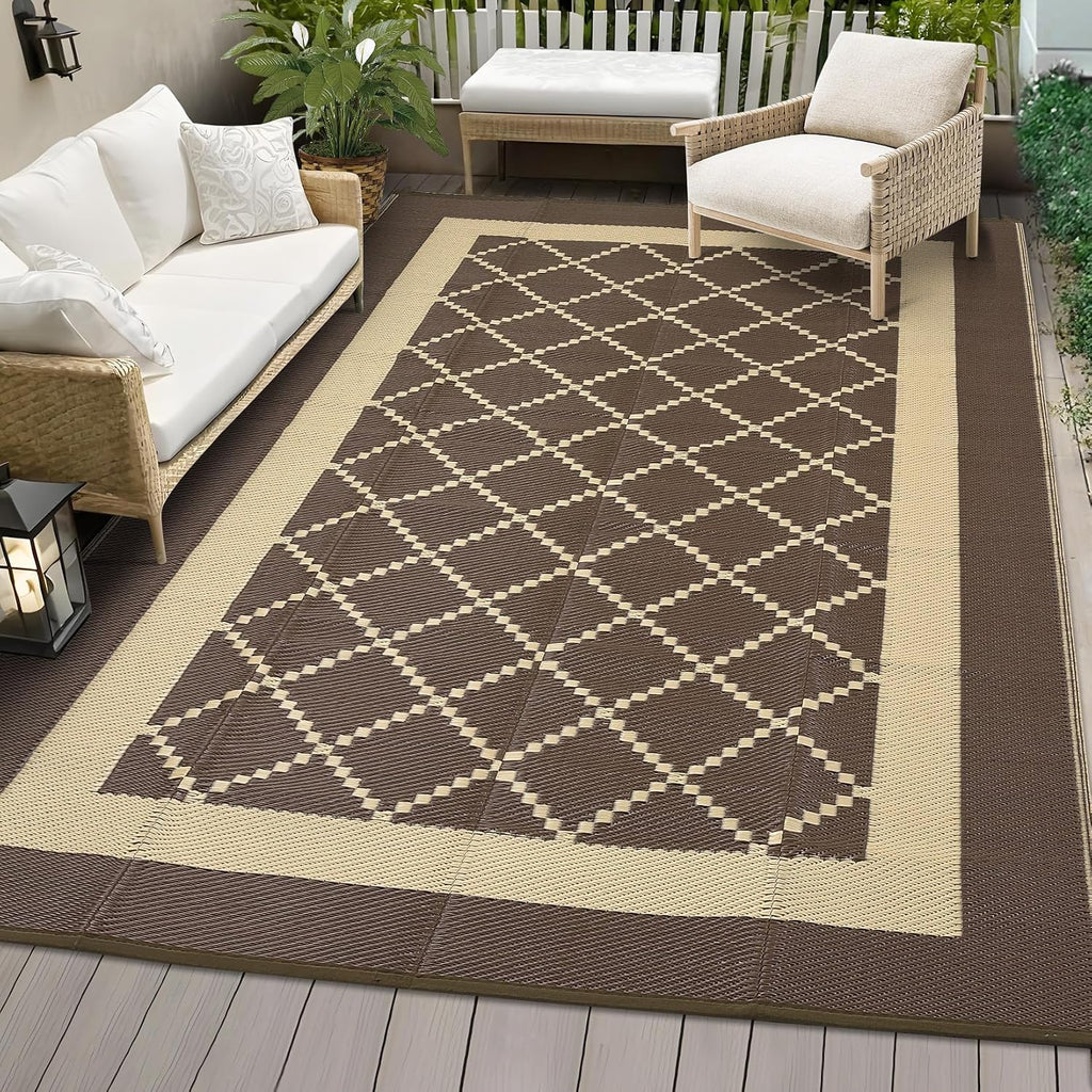 Outdoor Rug 9X18 Waterproof Reversible Plastic Straw Mat, Large Patio Rug Modern Area Rug Indoor Outdoor Rugs for Deck, Balcony, Camping, Beach, Picnic, Porch， Brown&Coffee