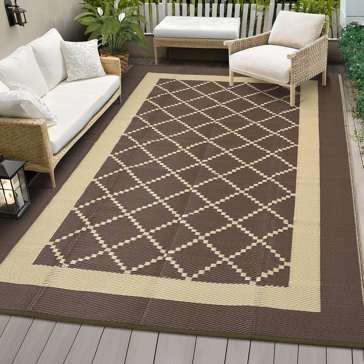 Outdoor Rug 9X18 Waterproof Reversible Plastic Straw Mat, Large Patio Rug Modern Area Rug Indoor Outdoor Rugs for Deck, Balcony, Camping, Beach, Picnic, Porch， Brown&Coffee