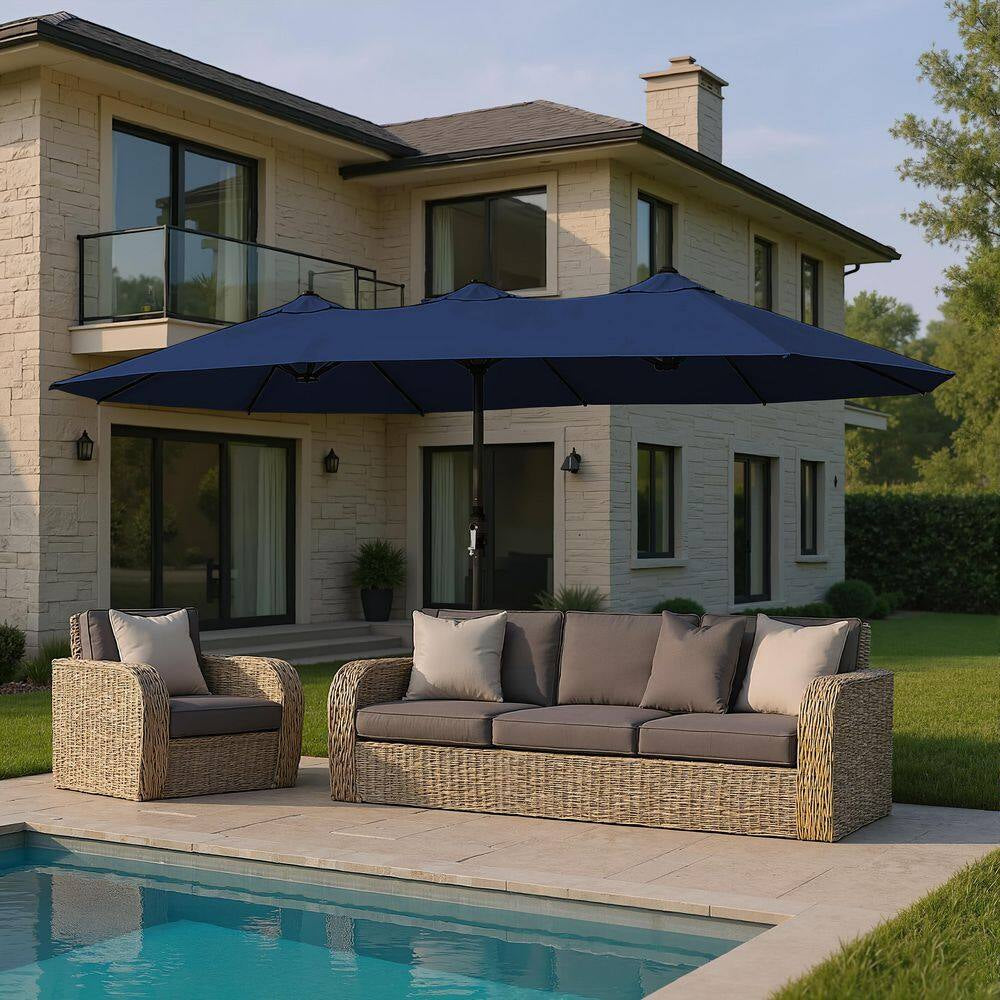 15 Ft. Market Patio Umbrella with Crank, UPF50+ Polyester Canopy and Weighted Base in Navy Blue