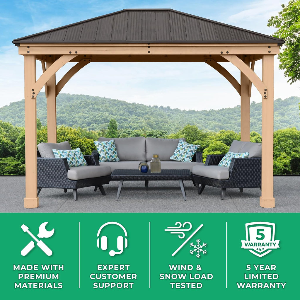 10 X 12 Meridian Cedar Wood Gazebo Pavilion for Patios, Decks, Garden, Backyard, Durable, Aluminum Roof