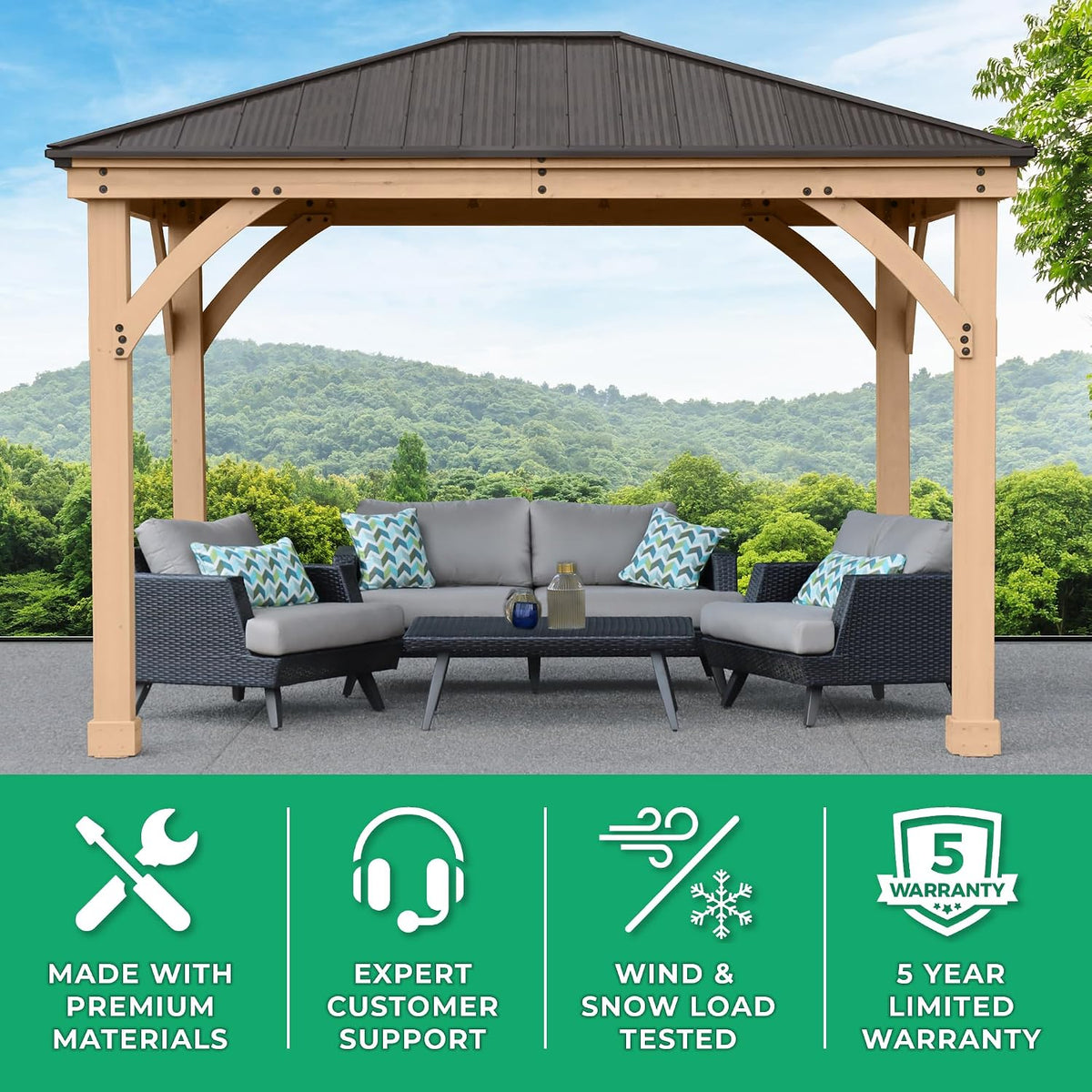 10 X 12 Meridian Cedar Wood Gazebo Pavilion for Patios, Decks, Garden, Backyard, Durable, Aluminum Roof