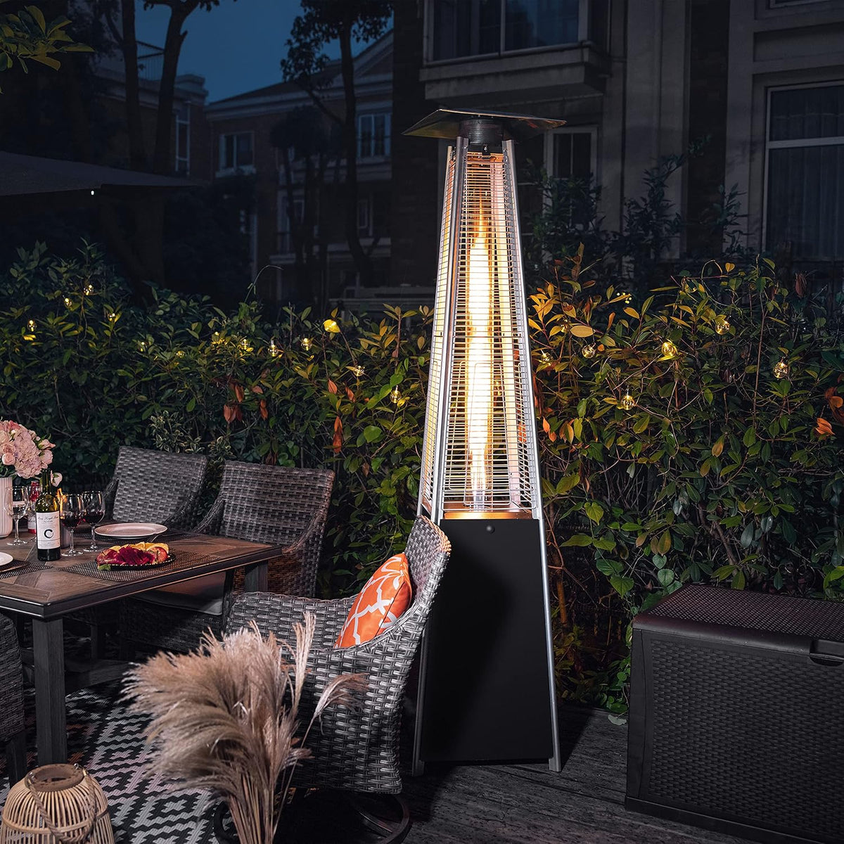 Outdoor Propane Patio Heater, 48,000 BTU Pyramid Outdoor Heater with Wheels, Hammered Bronze Tower Portable Heater with Oxford Cover for Garden, Terrace, Black