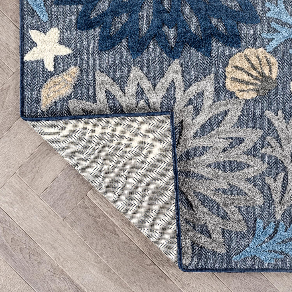 Coastal High-Low Textured Floral Indoor Outdoor Rug Navy 4' X 6'