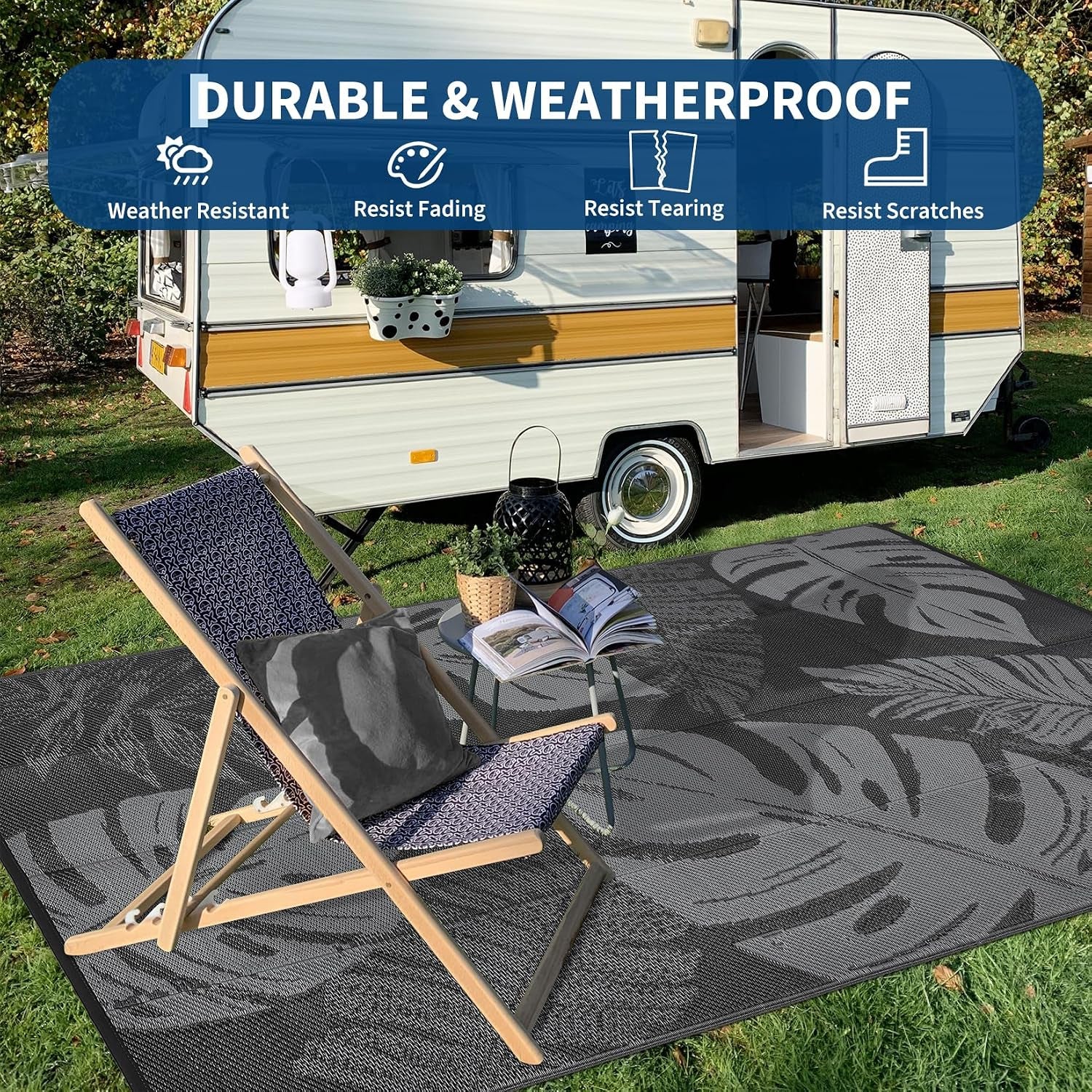 Outdoor Patio Rug 9X12 Waterproof Reversible Mat Leaf Tropical Outdoor Plastic Straw Rug with 4 Stakes and Starage Bag Portable Area Rug for Camping Porch Deck Rv Balcony Backyard Beach, Black