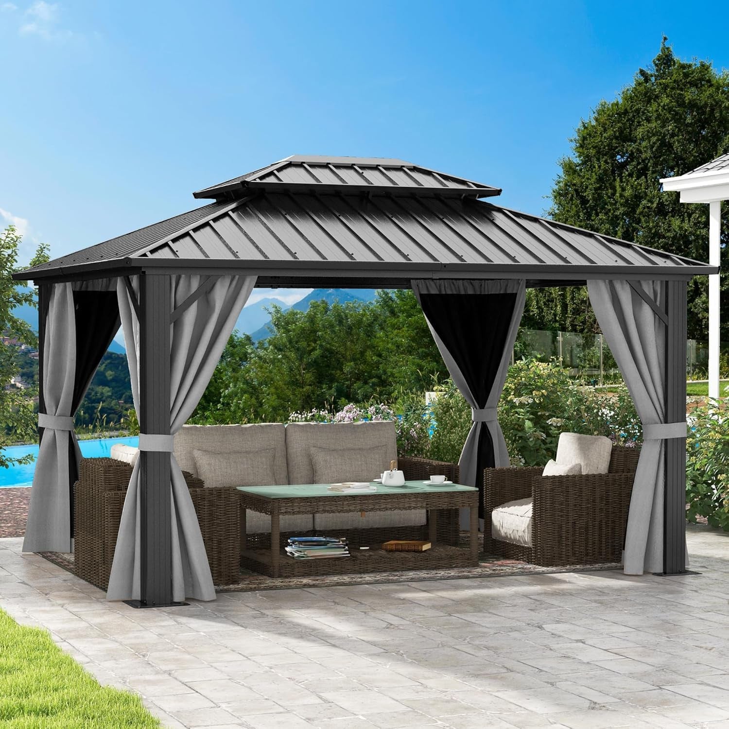 10X12Ft Hardtop Gazebo Double Roof with Nettings and Curtains