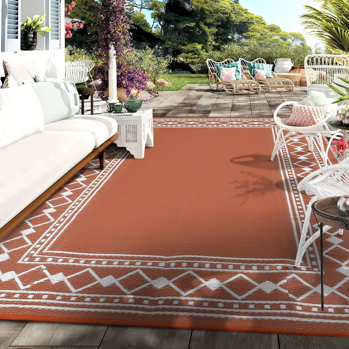 Outdoor Rug 8X10 Waterproof Patio Rugs Modern Bordered Reversible Mat for Front Door Rv Foldable Plastic Straw Carpet for Travel Trailers, Deck, Picnic, Porch, Camper, Balcony, Beach, Terracotta