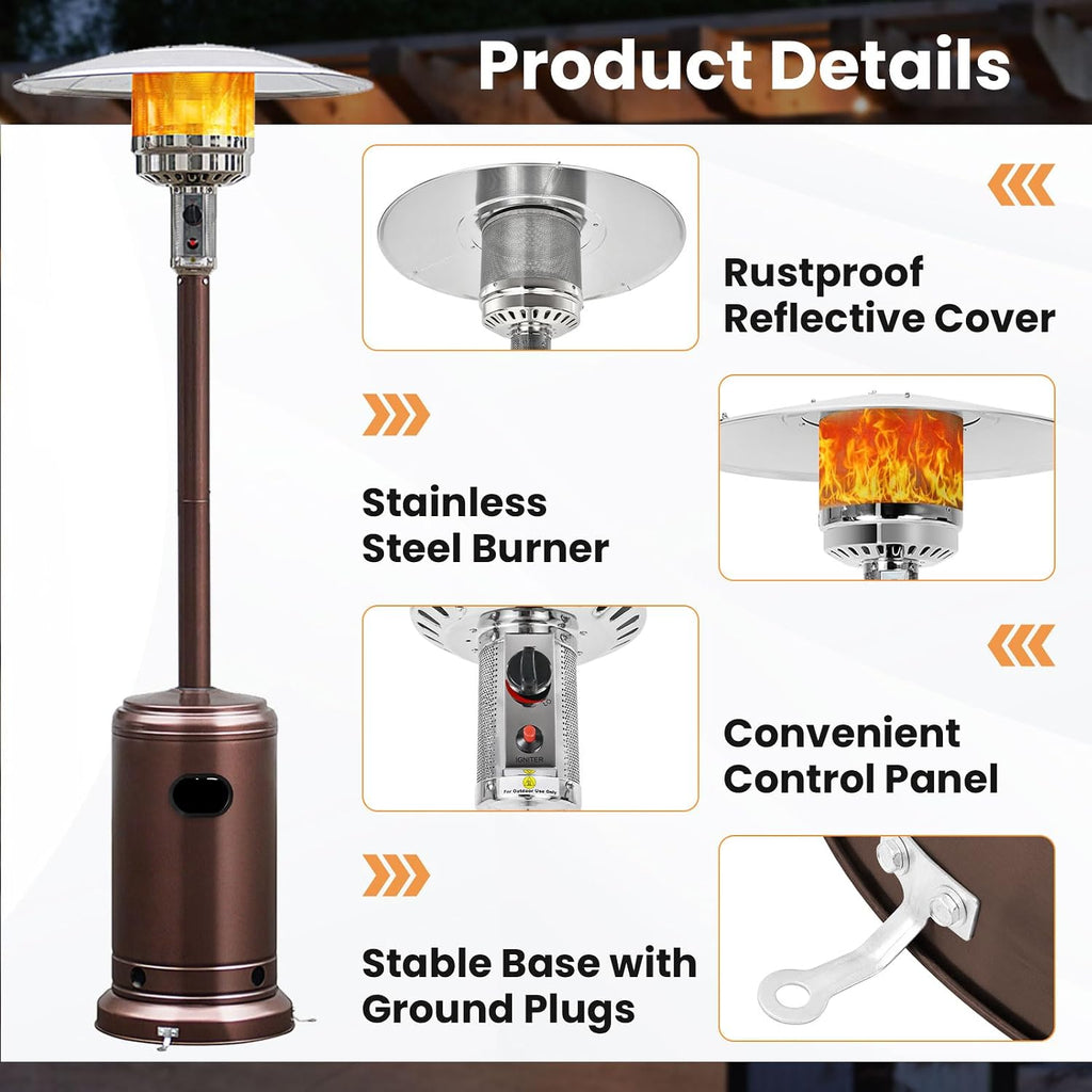 Patio Heater, 48,000 BTU Outdoor Propane Heater with Wheels, Reflective Cover, Triple-Over Protection, Portable Stainless Steel Patio Heater for Outdoor Use Garden, Bronze