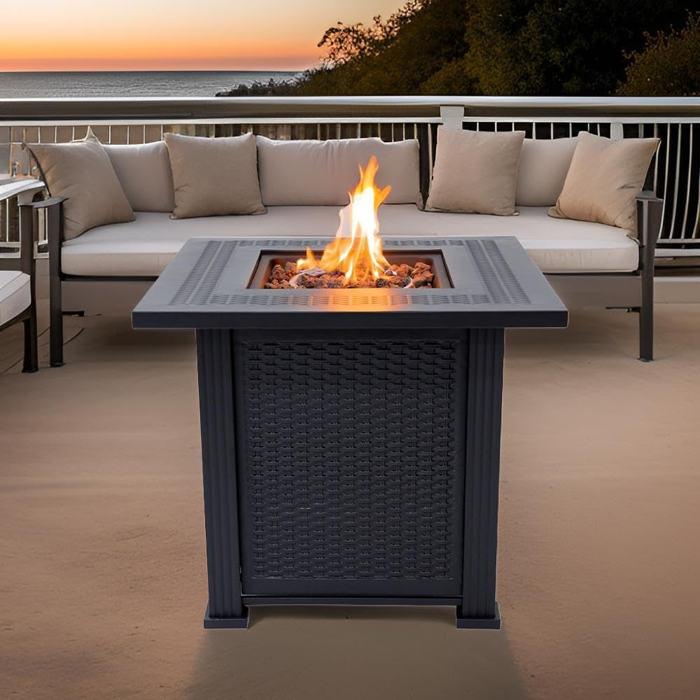 Lausanne Propane Fire Pit Table 28” Outdoor Firepit 50,000 BTU Firepits for outside with Lava Rocks and Removable Lid Metal Fire Pit Outdoor Fireplace Propane Fire Pits for outside CSA Certified