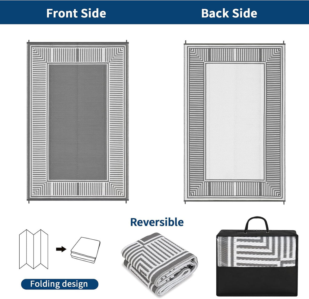 8X10 Outdoor Rug Waterproof Plastic Straw Rug Border Grey