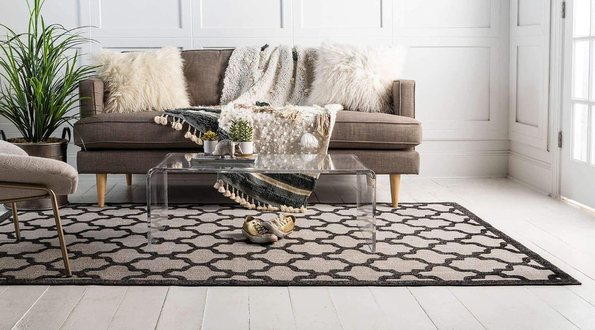 Outdoor Trellis Collection Area Rug - Tulsa (6' 1" X 9' Rectangle, Black/ Ivory)