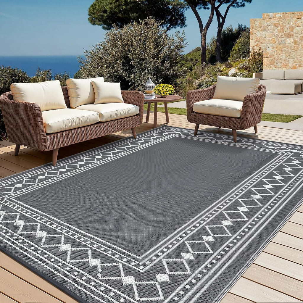Large Outdoor Rug 10X14 Waterproof Patio Modern Border Reversible Camping Mat Plastic Straw Outdoor Rug for Patio, RV, Deck, Balcony, Backyard, Picnic, Beach, Clover,Grey