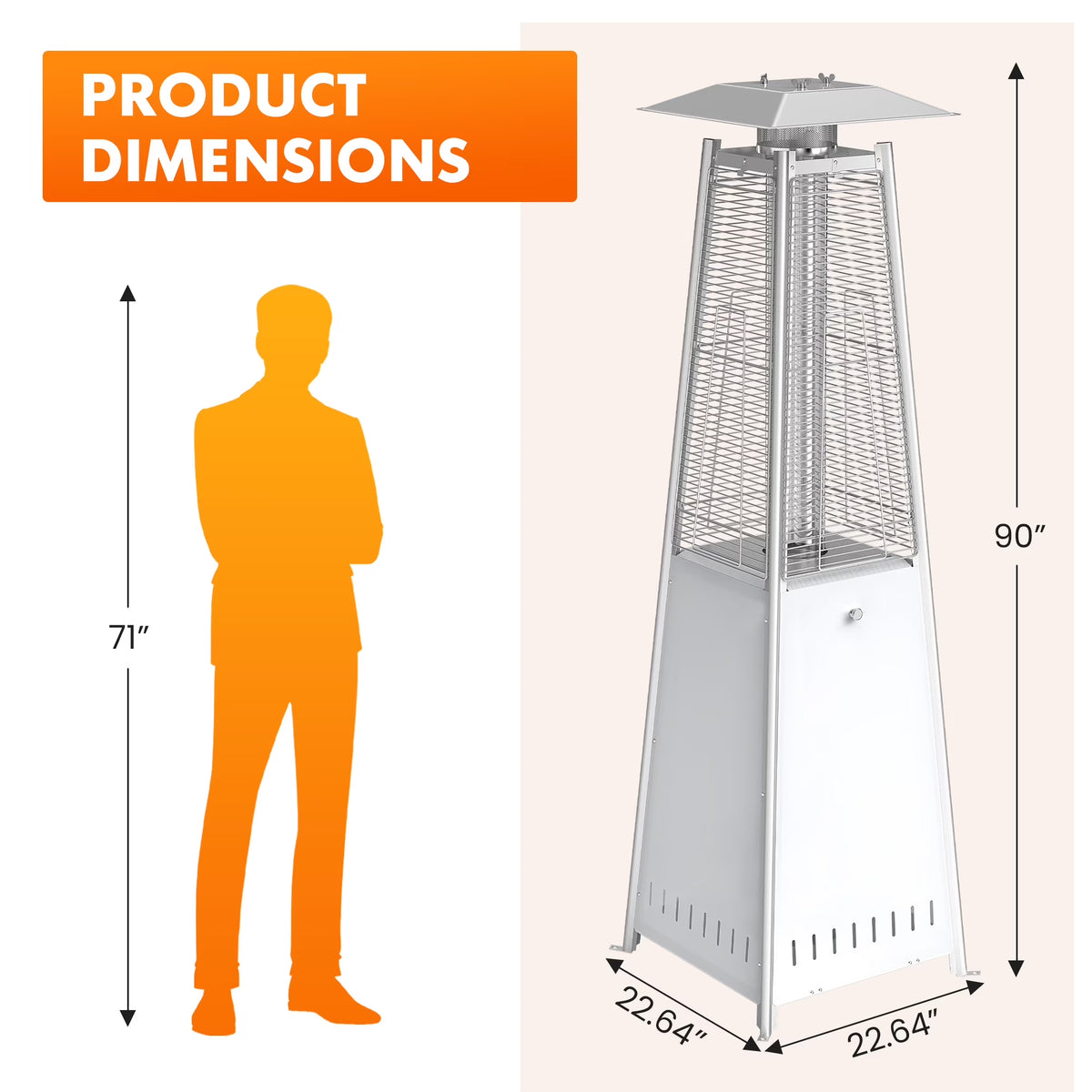Pyramid Patio Heater, 42000 BTU Outdoor Patio Heater, 7.5 Feet LED Standing Heater with Cover and Wheels, Silver