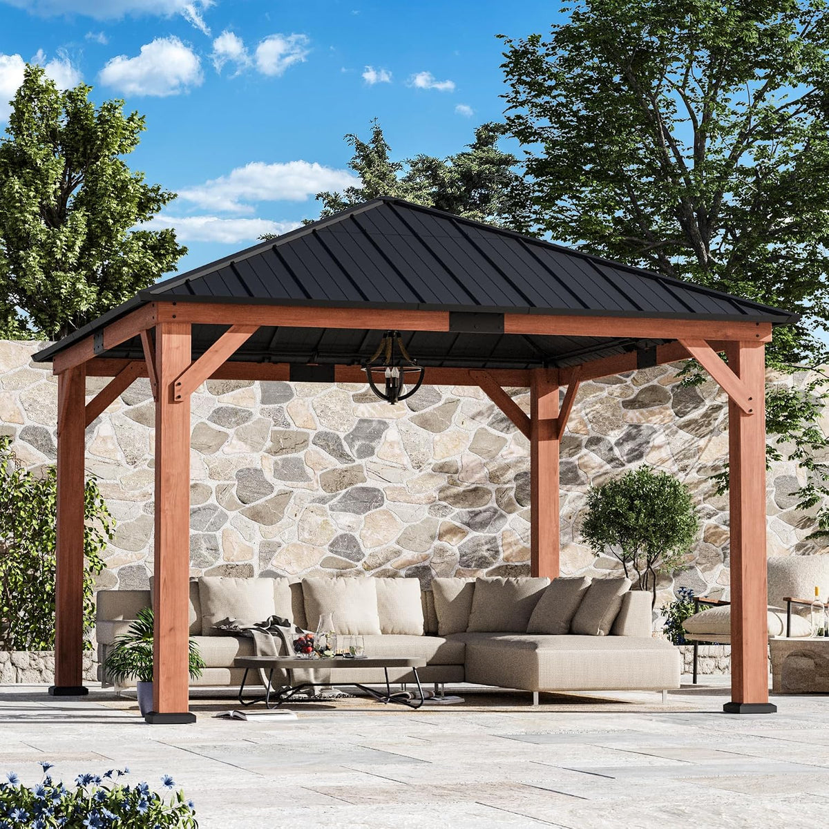 Modern Shade Permanent Wood Gazebo 12X12 with Galvanized Steel Roof