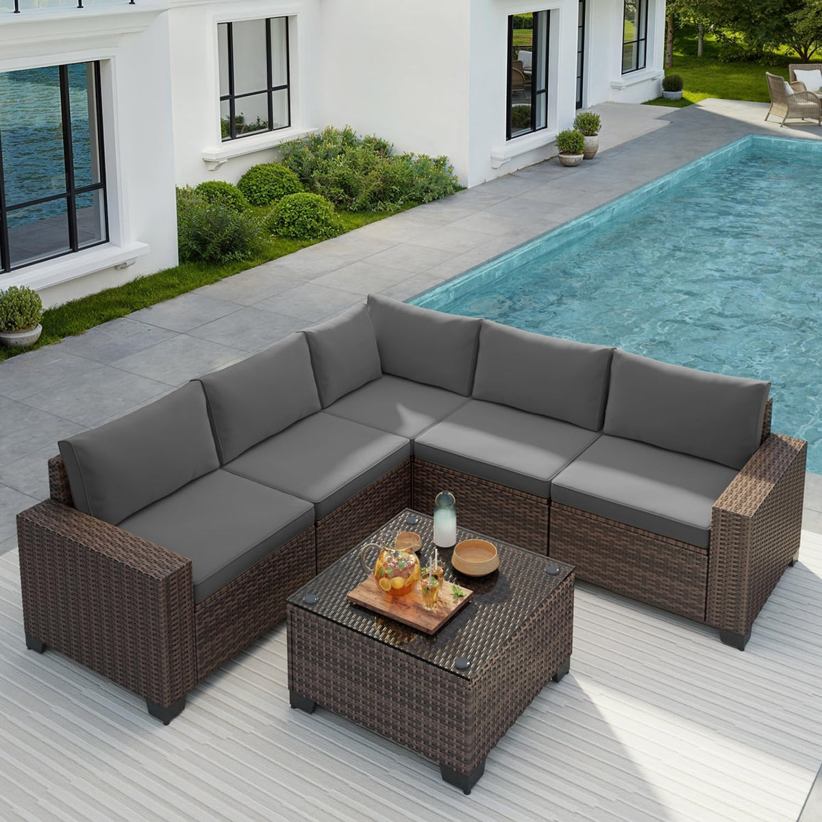 6-Piece Outdoor Patio Furniture Set, PE Wicker Rattan Sectional Sofa