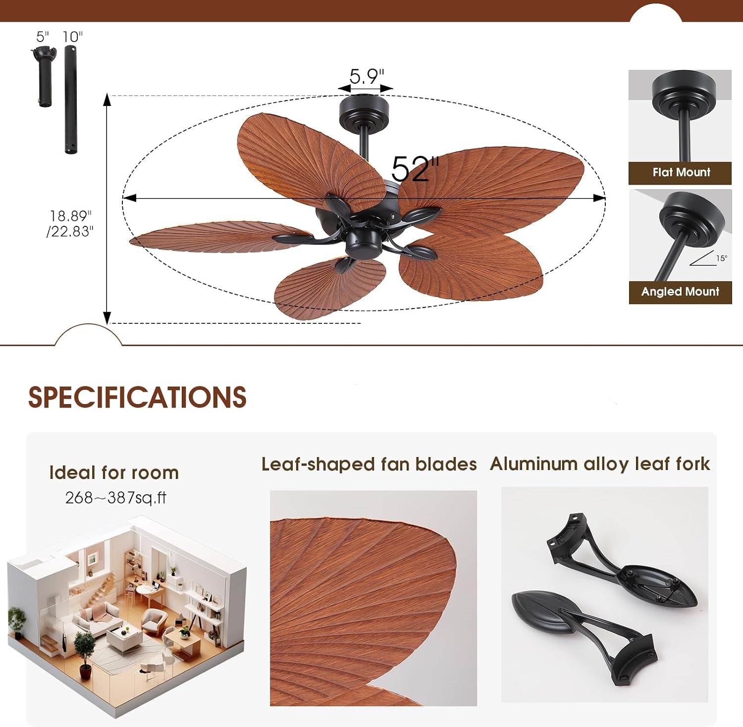 52 Inch Waterproof Outdoor Palm Leaf Ceiling Fans without Lights and Remote