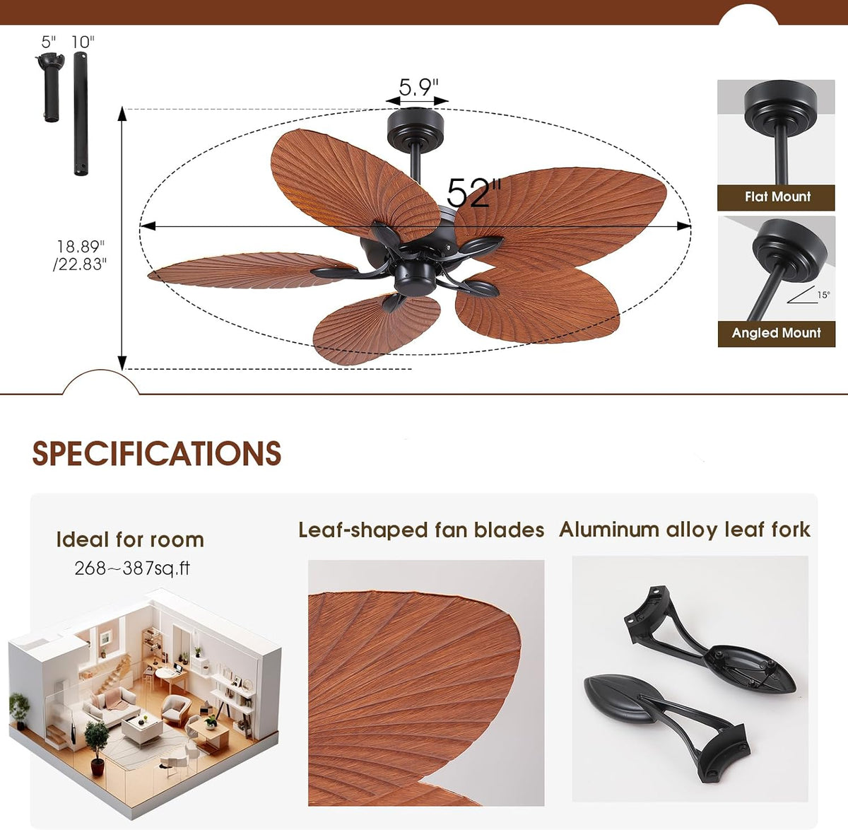 52 Inch Waterproof Outdoor Palm Leaf Ceiling Fans without Lights and Remote