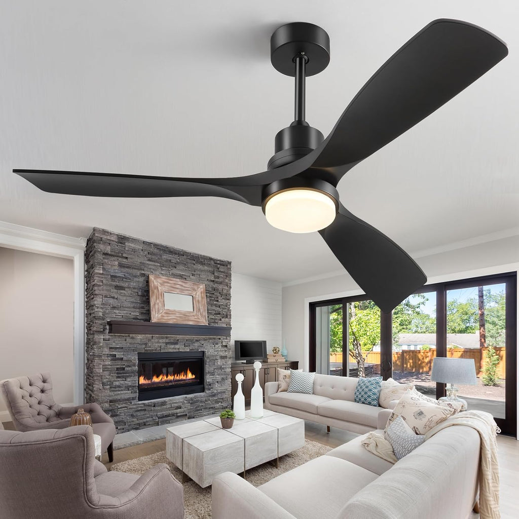 60 Inch Black Ceiling Fans with Lights and Remote, 3 Wood Blades