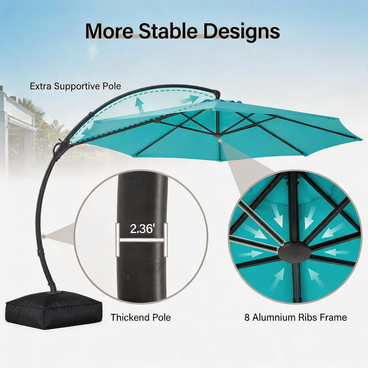 12FT Curvy Cantilever Patio Umbrella with Base, 360° Rotation Offset Outdoor Umbrella, Heavy Duty Hanging Umbrella for Backyard, Pool, Garden（Turquoise Blue）
