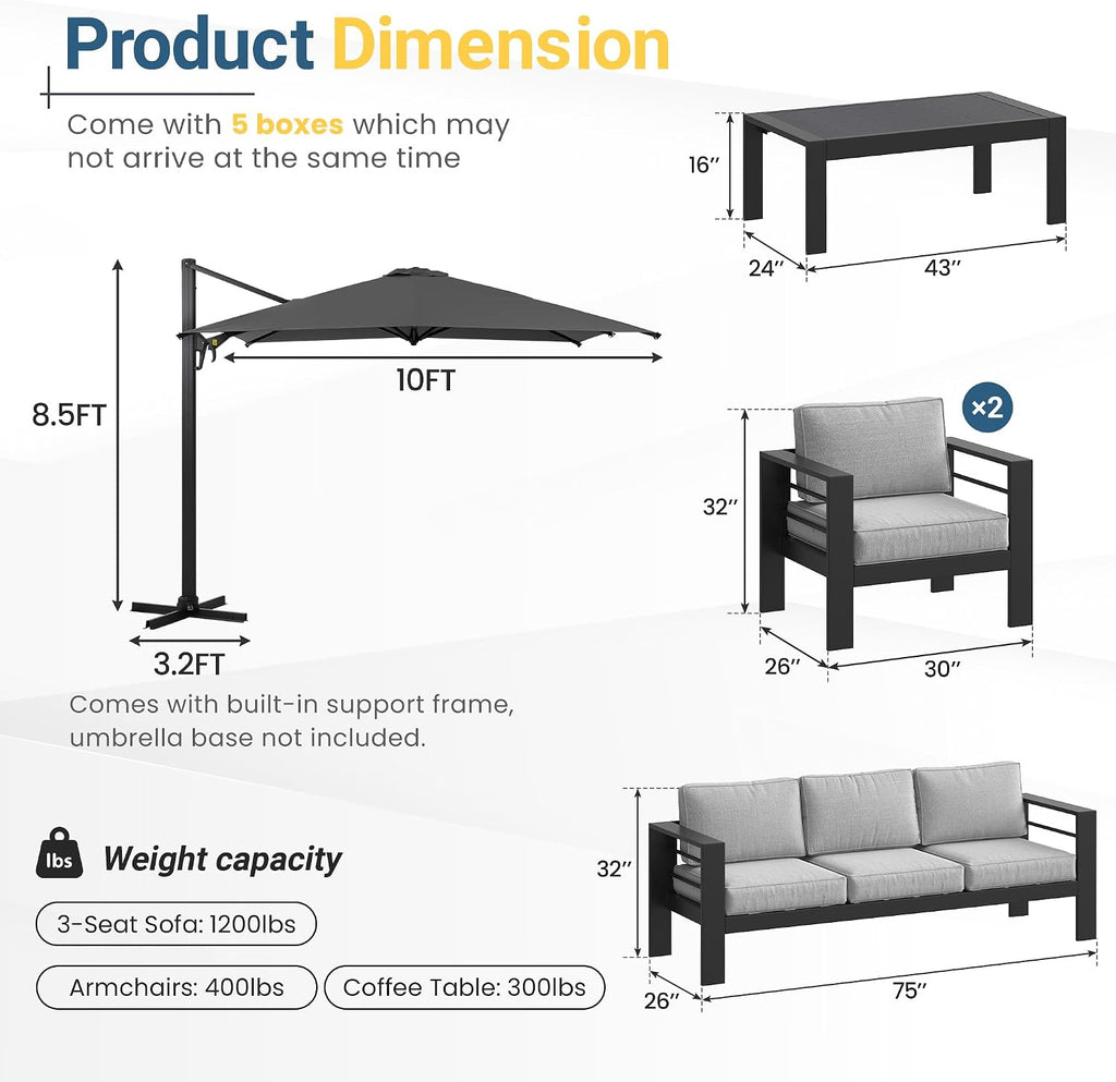5 Pieces Aluminum Patio Furniture Set with Umbrella, All Weather Oversized Outdoor Furniture Set with Deep Seat and Back Cushion, Patio Conversation Sets Wide Armrest, Light Gray & Gray