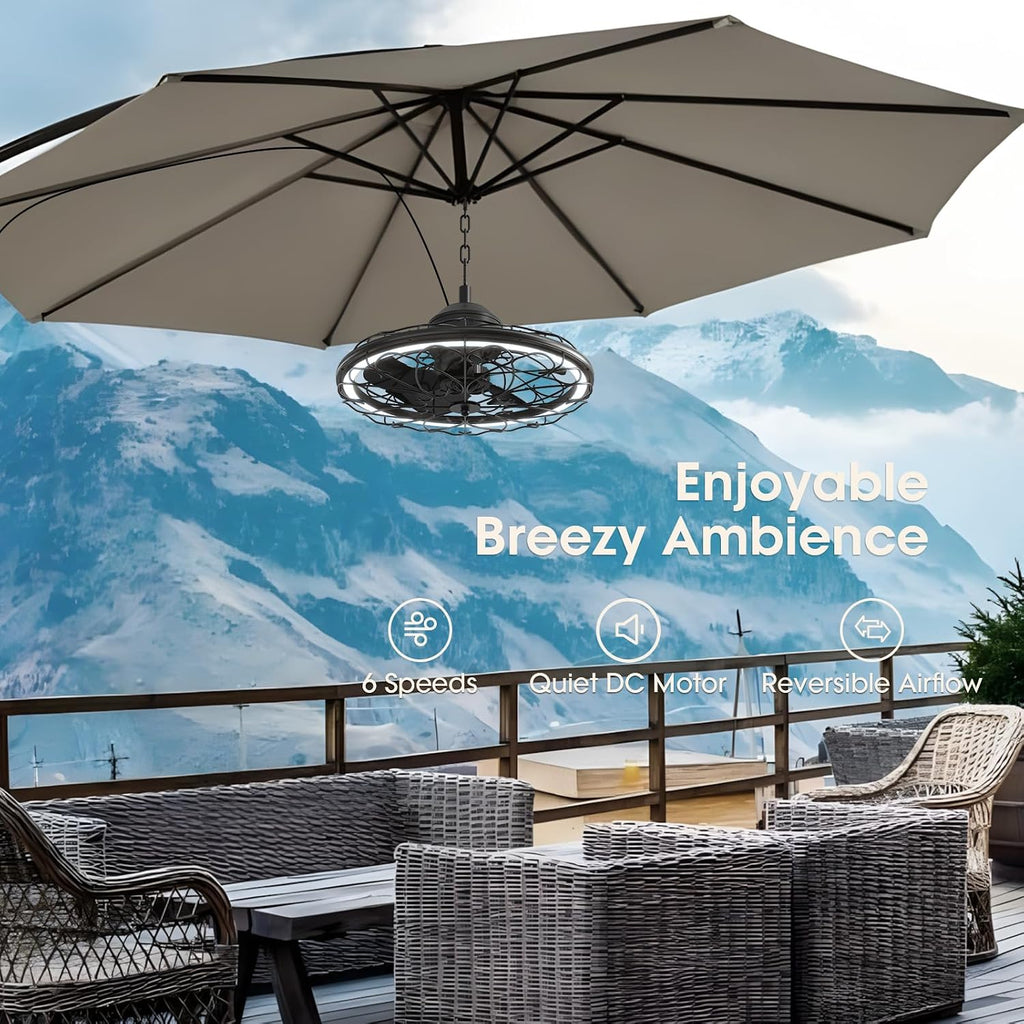 20" Outdoor Ceiling Fan, IP65 Waterproof Gazebo Fan with Light, Remote Control，6 Speeds，3Cct, Plug in Caged Ceiling Fan with Hanging Hook for Patio, Porch, Canopy