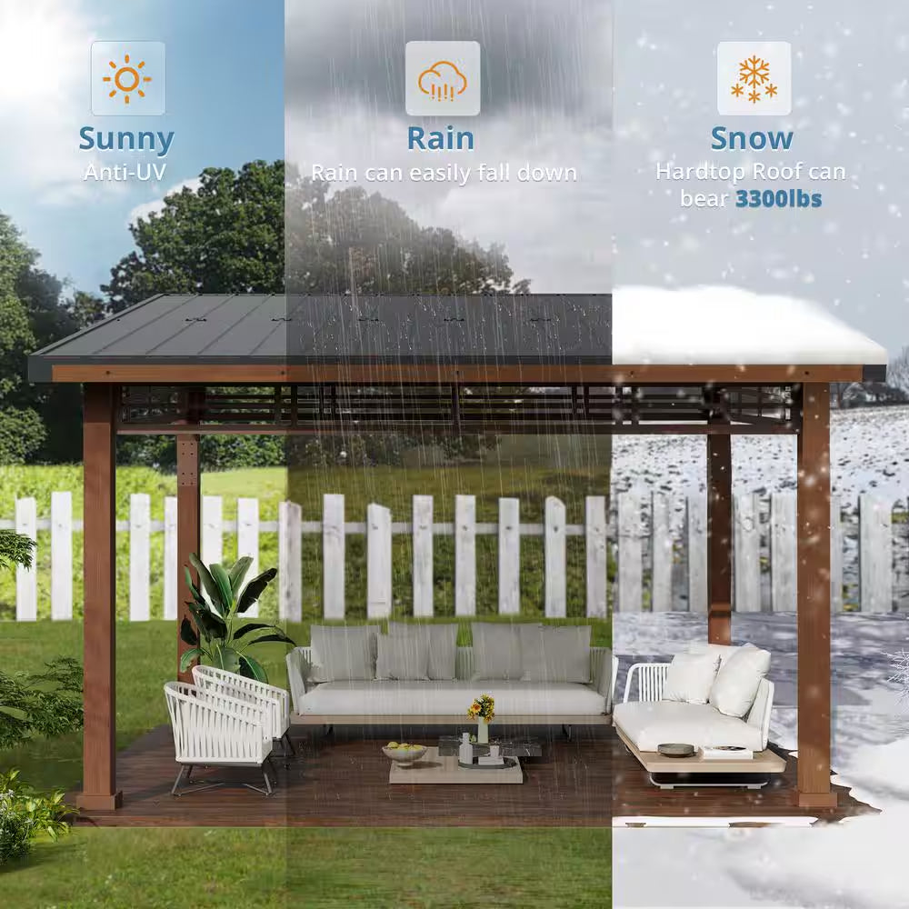 Chandler 10 Ft. X 12 Ft. Brown Cedar Wooden Gazebo Pavilion with Hard Top Iron Slope Roof Grill Gazebo