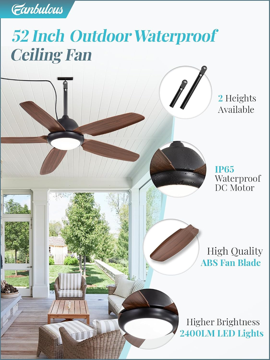 52 Inch Waterproof Outdoor Ceiling Fan with Light for Patio,Brown