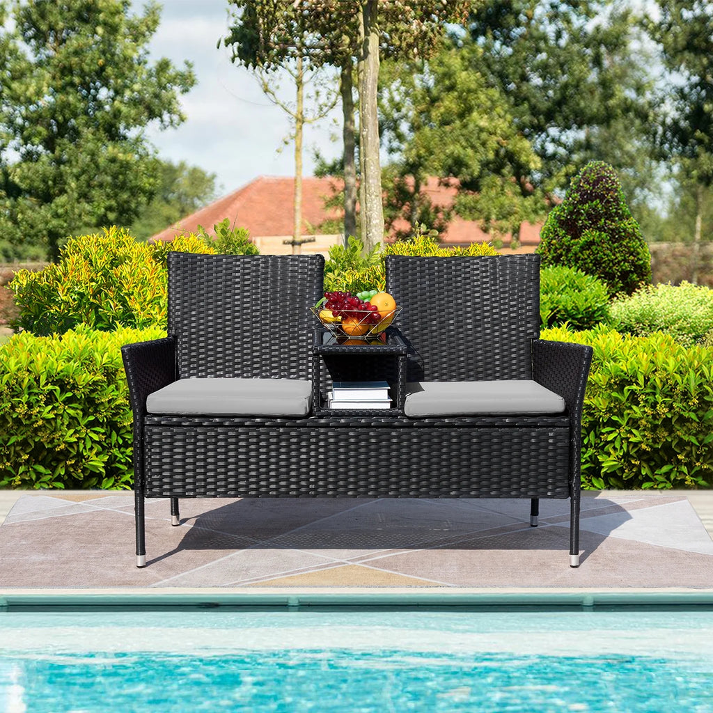 Outdoor Patio Loveseat Modern Rattan Patio Conversation Furniture Set with Cushions & Built-In Coffee Table Porch Furniture for Garden Lawn Backyard, Gray