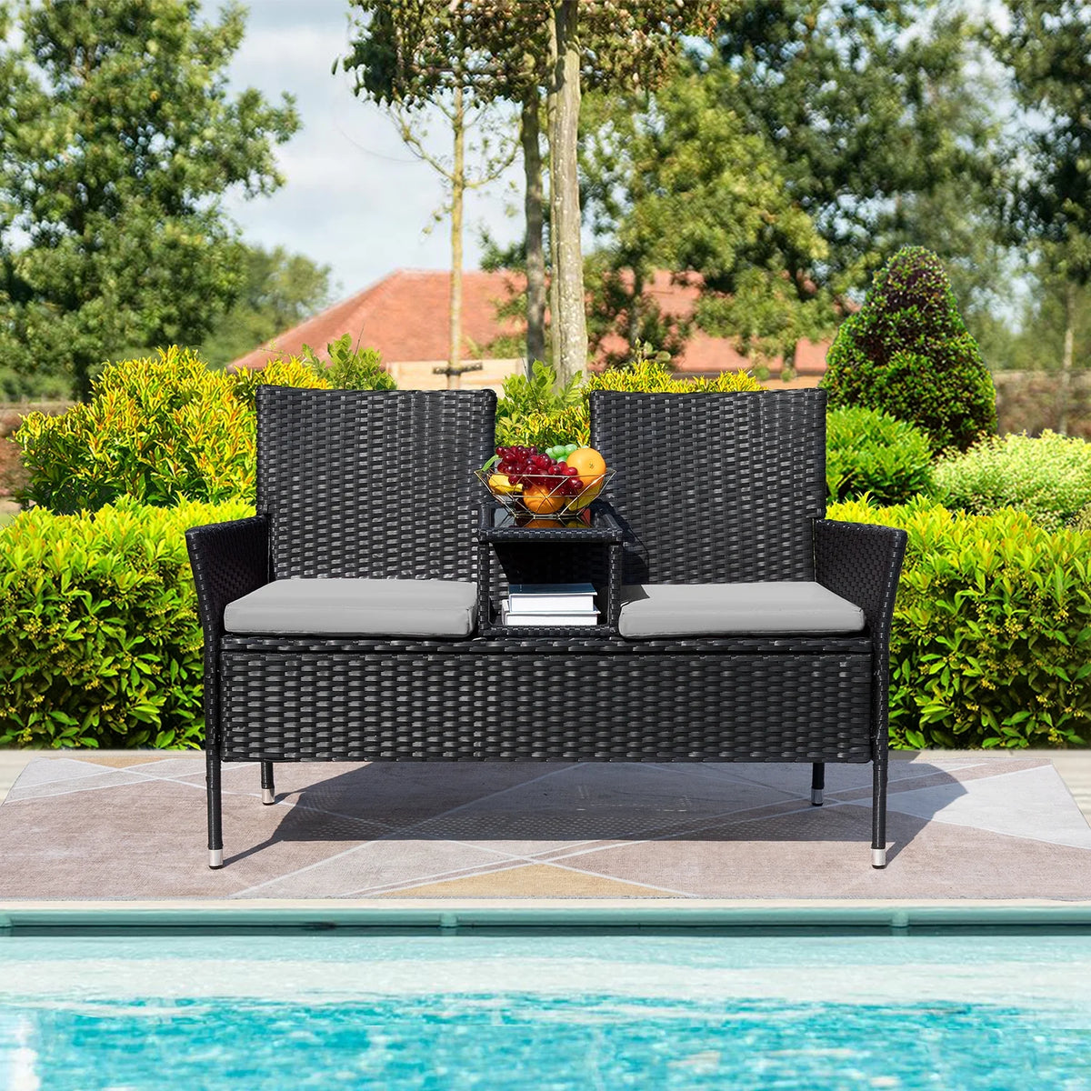 Outdoor Patio Loveseat Modern Rattan Patio Conversation Furniture Set with Cushions & Built-In Coffee Table Porch Furniture for Garden Lawn Backyard, Gray