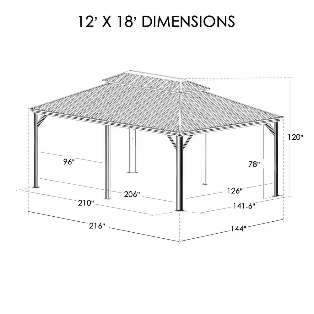 Alexander 12 Ft. X 18 Ft. Aluminum Gray Hardtop Gazebo with Galvanized Steel Roof Gray Color