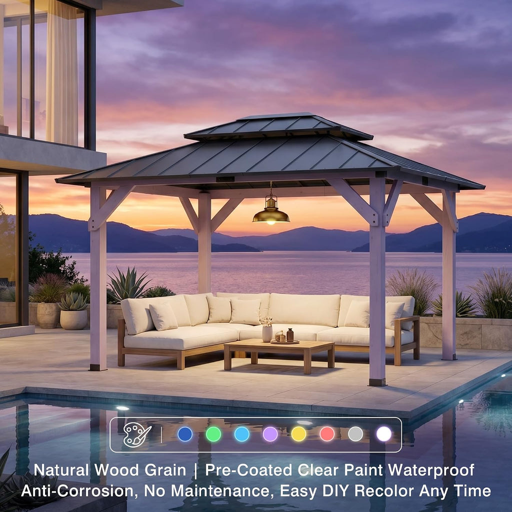 10' X 12' Outdoor Wood Gazebo,Metal Hardtop Gazebo Color DIY