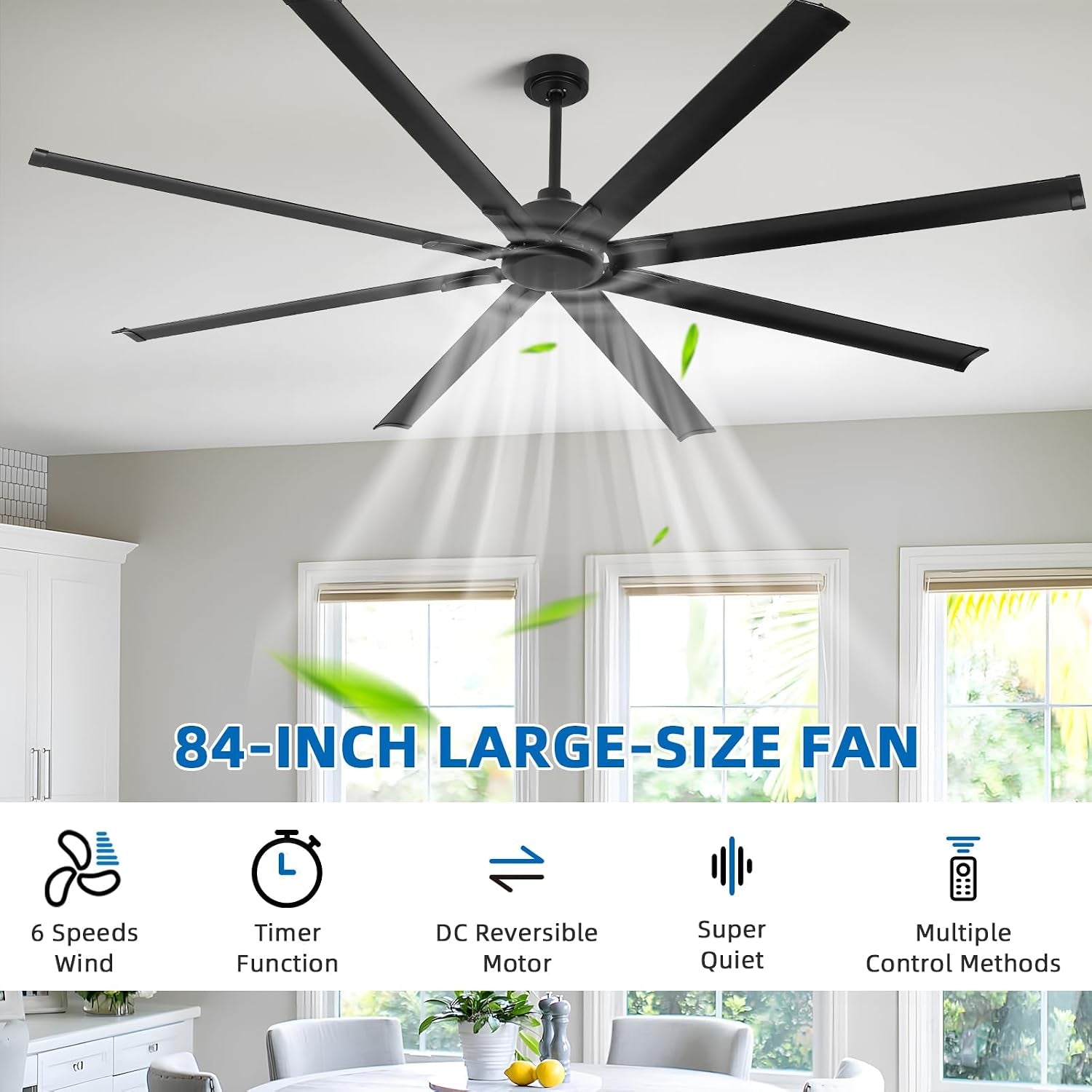 84 Inch Large Industrial Ceiling Fan No Lights, Reversible Dc Motor, 3 Downrods, 6 Speed Remote Control, 8 Aluminum Blades, Black Outdoor Fans for Shop/Gym/Warehouse/Garage