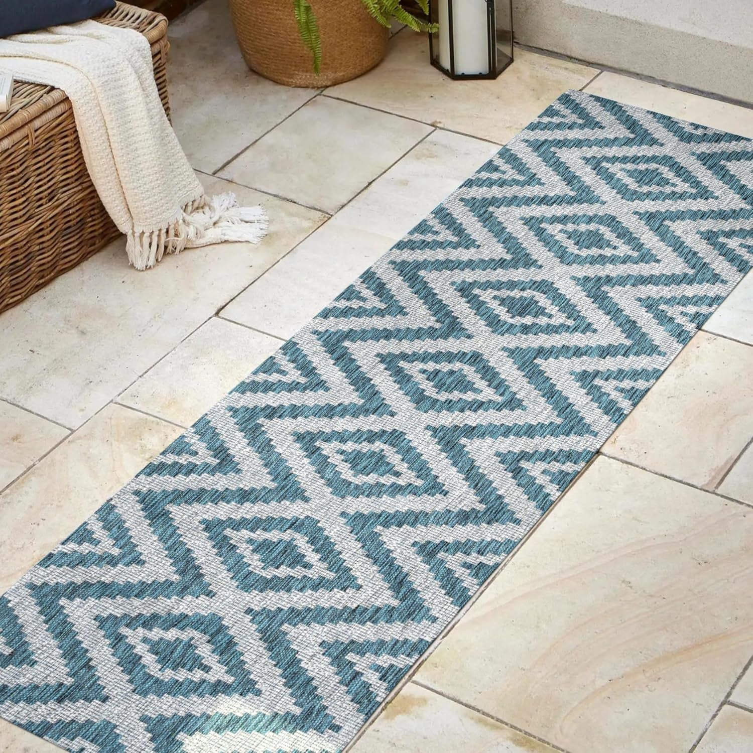 Diamond Tribal Indoor Outdoor Runner Rug 2X8 Blue/Gray, Sintra for Backyard, Patio, Porch, Easy-Cleaning, High Traffic, Pet-Friendly, Non-Shedding (SMB116A-28)