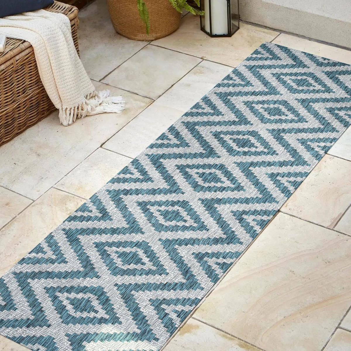 Diamond Tribal Indoor Outdoor Runner Rug 2X8 Blue/Gray, Sintra for Backyard, Patio, Porch, Easy-Cleaning, High Traffic, Pet-Friendly, Non-Shedding (SMB116A-28)
