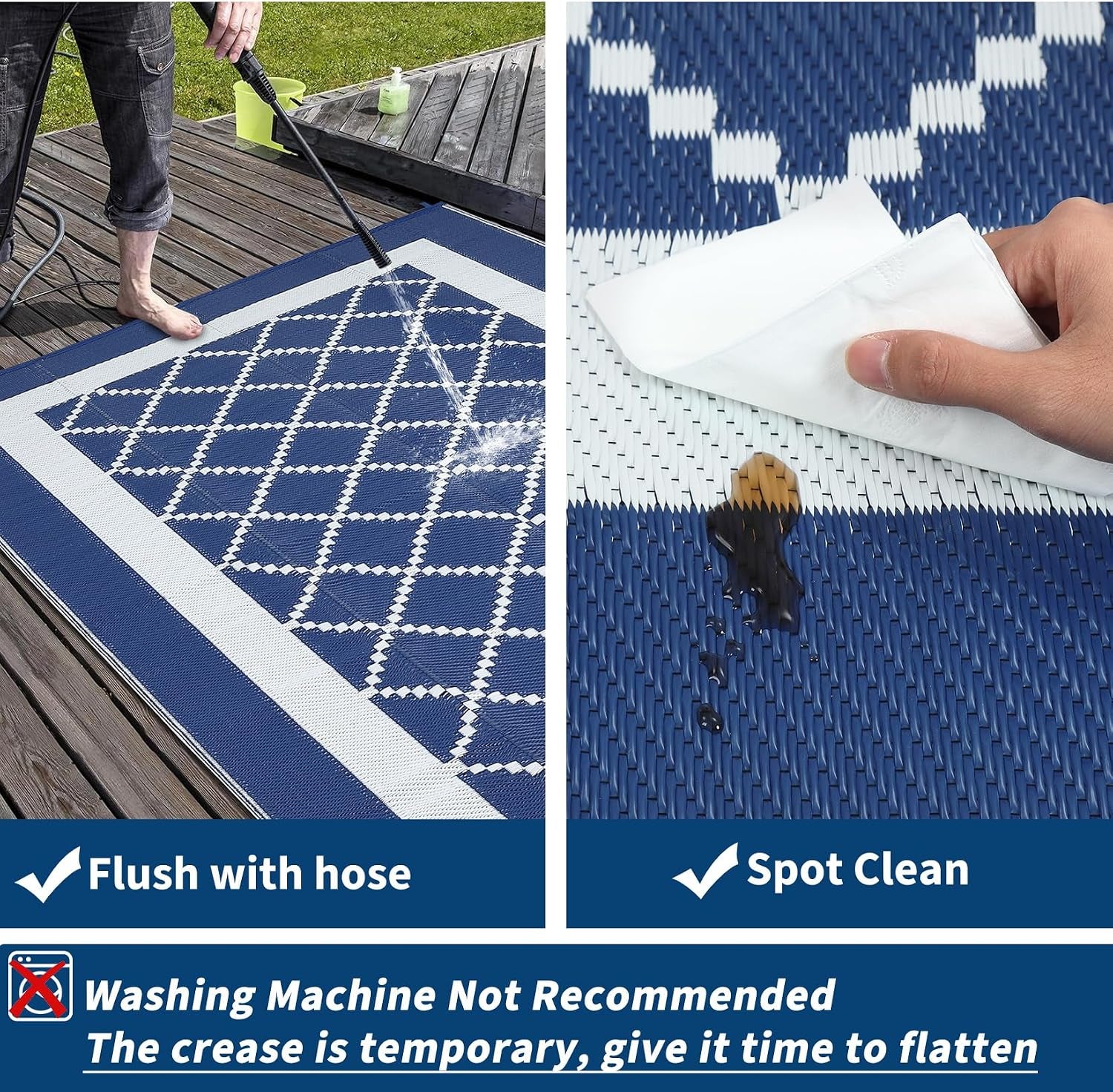 Outdoor Rug 8X10 Patio Waterproof Reversible Plastic Straw Rug, Large Uv-Resistant Portable RV Camping Mats with 4 Stakes & Carry Bag Boho Geometric Carpet for outside Deck Porch Garden, Navy