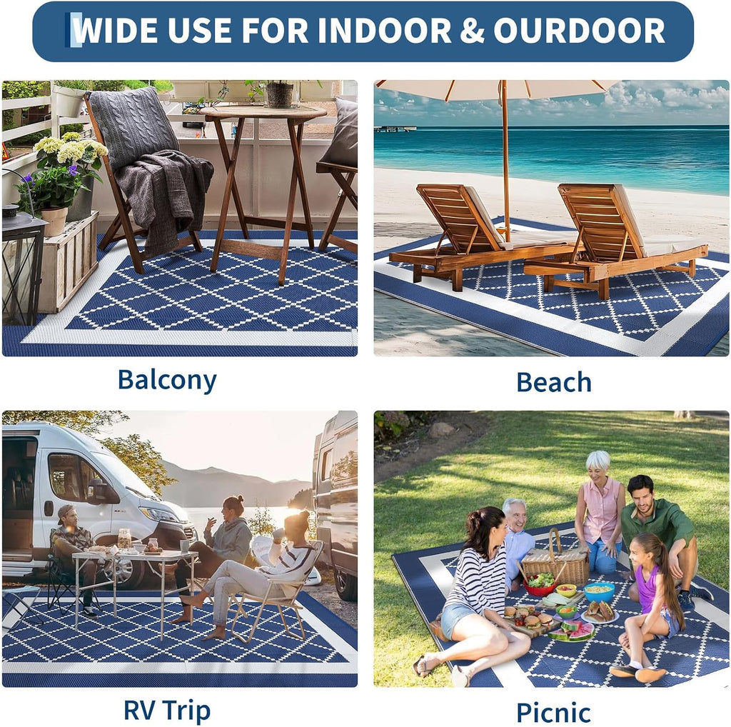 Outdoor Rug 8X10 Patio Waterproof Reversible Plastic Straw Rug, Large Uv-Resistant Portable RV Camping Mats with 4 Stakes & Carry Bag Boho Geometric Carpet for outside Deck Porch Garden, Navy