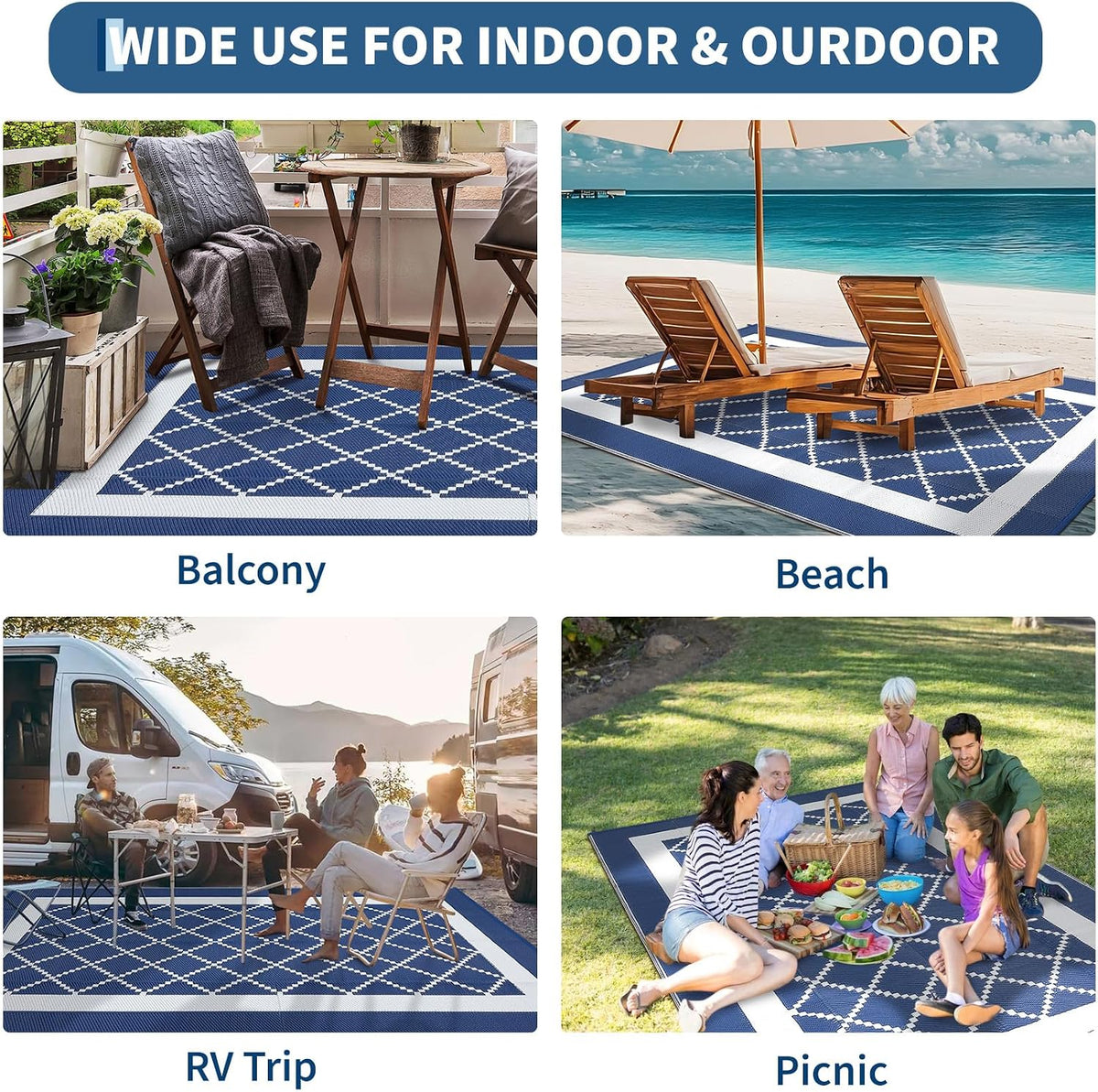 Outdoor Rug 8X10 Patio Waterproof Reversible Plastic Straw Rug, Large Uv-Resistant Portable RV Camping Mats with 4 Stakes & Carry Bag Boho Geometric Carpet for outside Deck Porch Garden, Navy