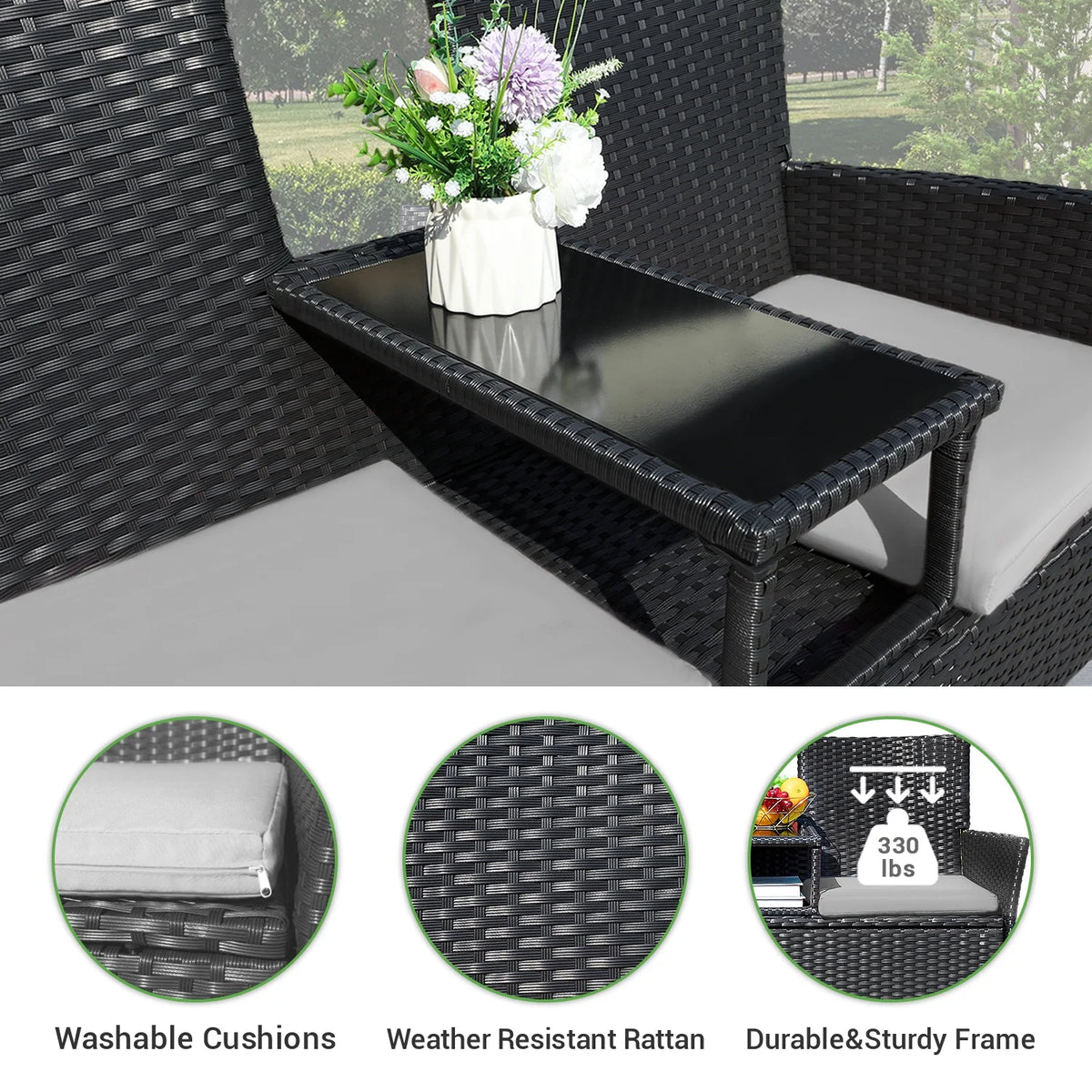 Outdoor Patio Loveseat Modern Rattan Patio Conversation Furniture Set with Cushions & Built-In Coffee Table Porch Furniture for Garden Lawn Backyard, Gray
