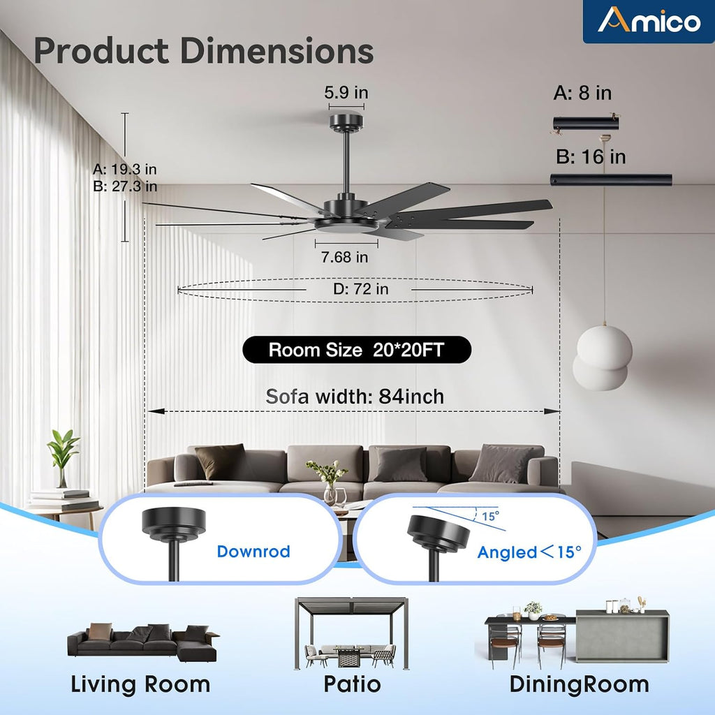 72 Inch Outdoor Ceiling Fan No Light with Remote,Black