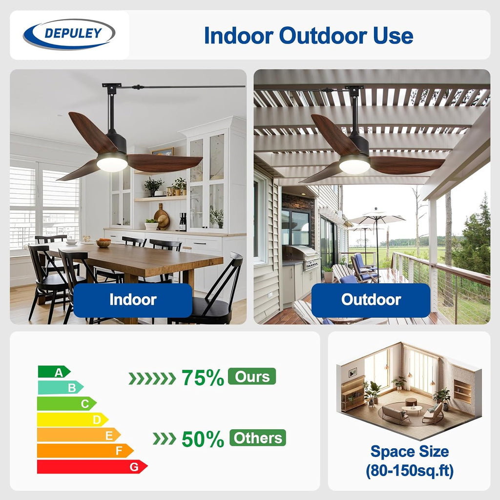 42-Inch Outdoor Ceiling Fans: Walnut Waterproof Gazebo Fans with Lights Remote App Control - 3-Blade Plug-In Outdoor Hanging Fan for Patios Pergola Porch 6 Speed Reversible