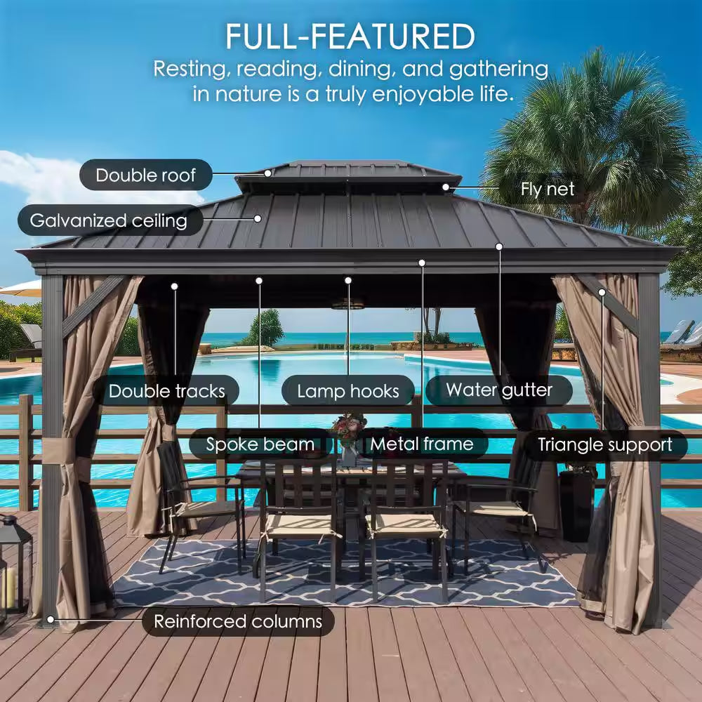 Alexander 12 Ft. X 18 Ft. Aluminum Gray Hardtop Gazebo with Galvanized Steel Roof Gray Color